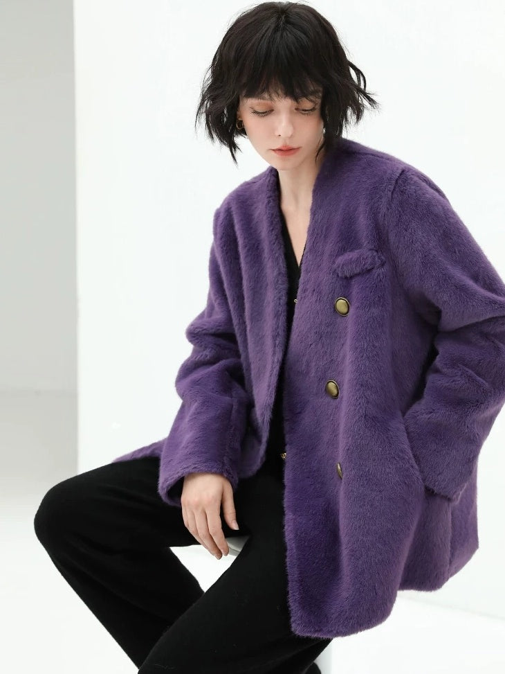 COCOBELLA Thick Plush V Neck Office Standard Fit Women Faux Fur Coats Jackets