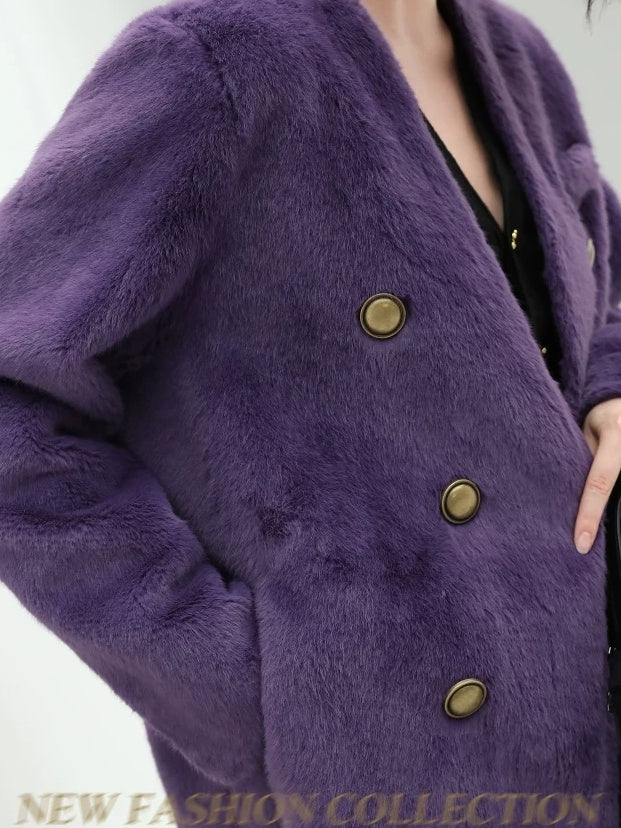 COCOBELLA Thick Plush V Neck Office Standard Fit Women Faux Fur Coats Jackets