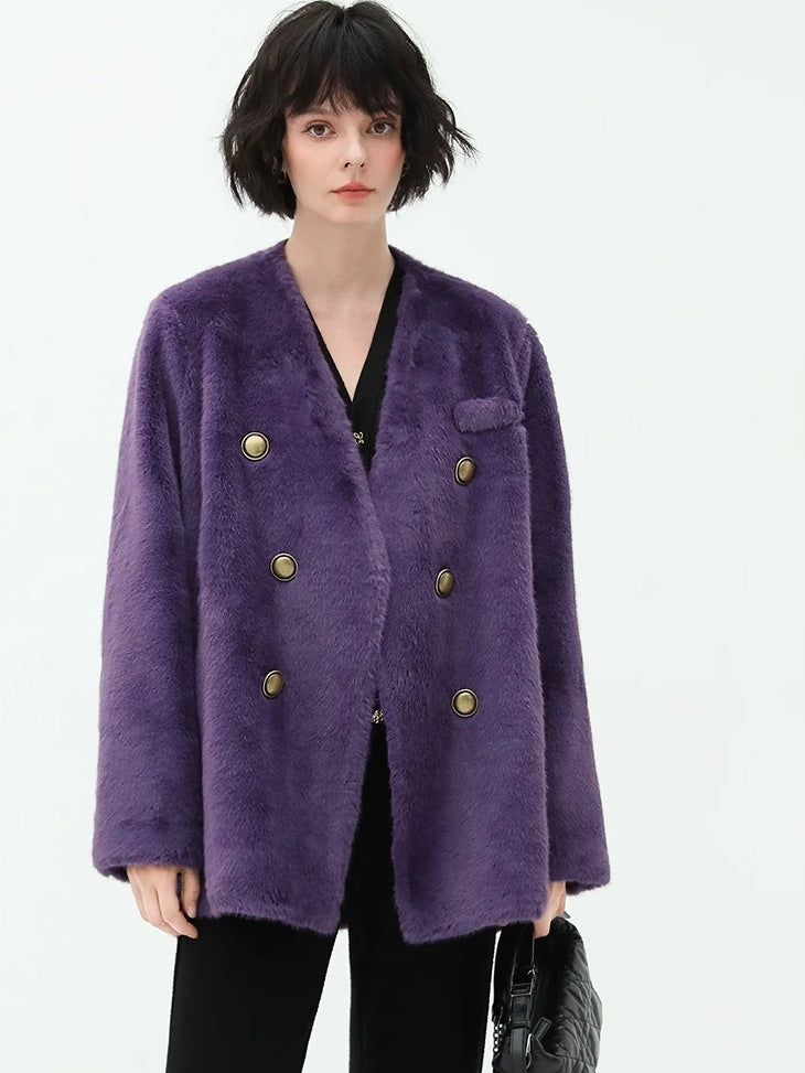 COCOBELLA Thick Plush V Neck Office Standard Fit Women Faux Fur Coats Jackets