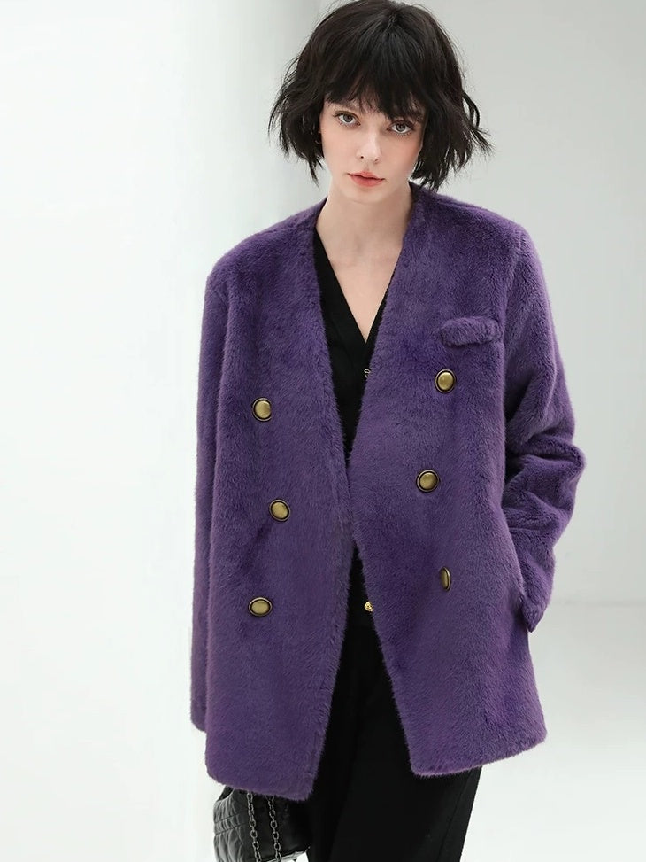 COCOBELLA Thick Plush V Neck Office Standard Fit Women Faux Fur Coats Jackets