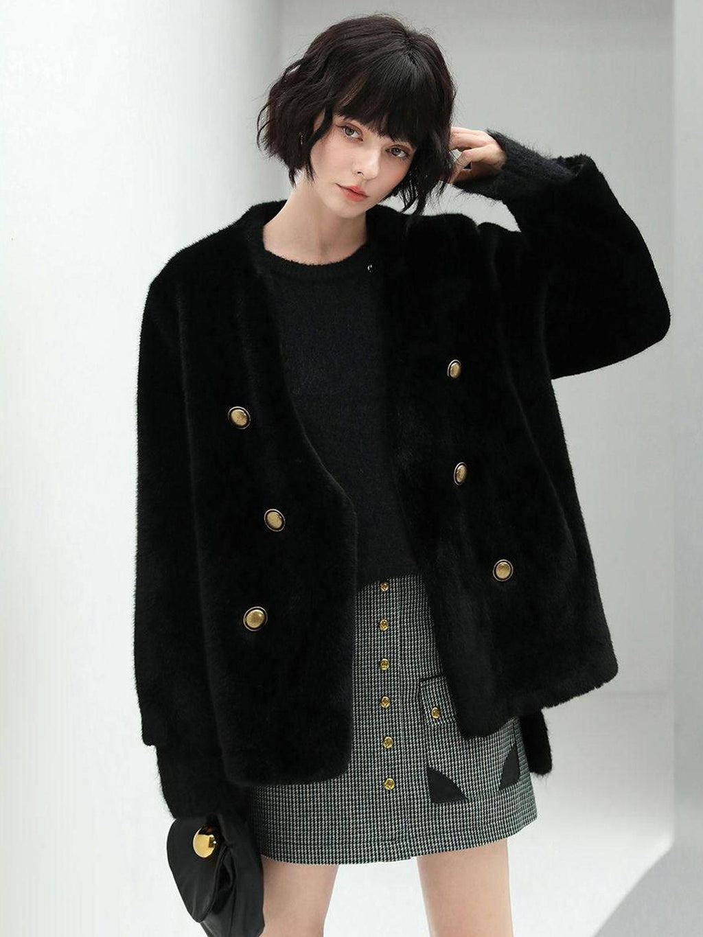 COCOBELLA Thick Plush V Neck Office Standard Fit Women Faux Fur Coats Jackets