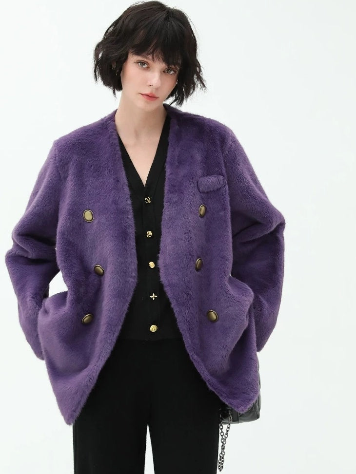 COCOBELLA Thick Plush V Neck Office Standard Fit Women Faux Fur Coats Jackets
