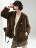 COCOBELLA Thick Plush V Neck Office Standard Fit Women Faux Fur Coats Jackets