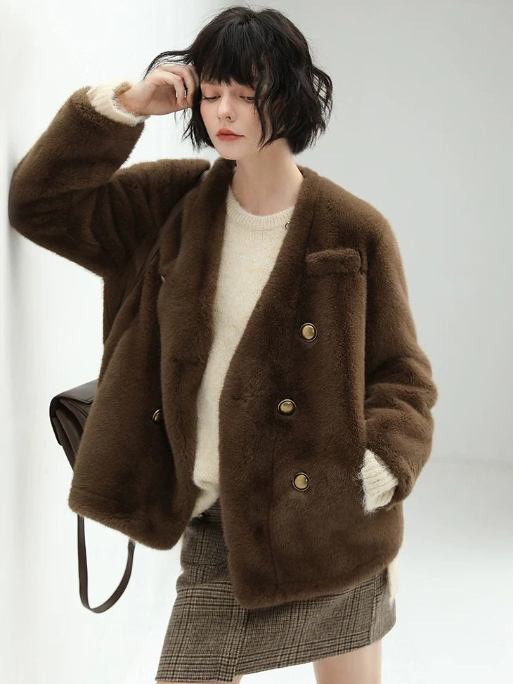 COCOBELLA Thick Plush V Neck Office Standard Fit Women Faux Fur Coats Jackets