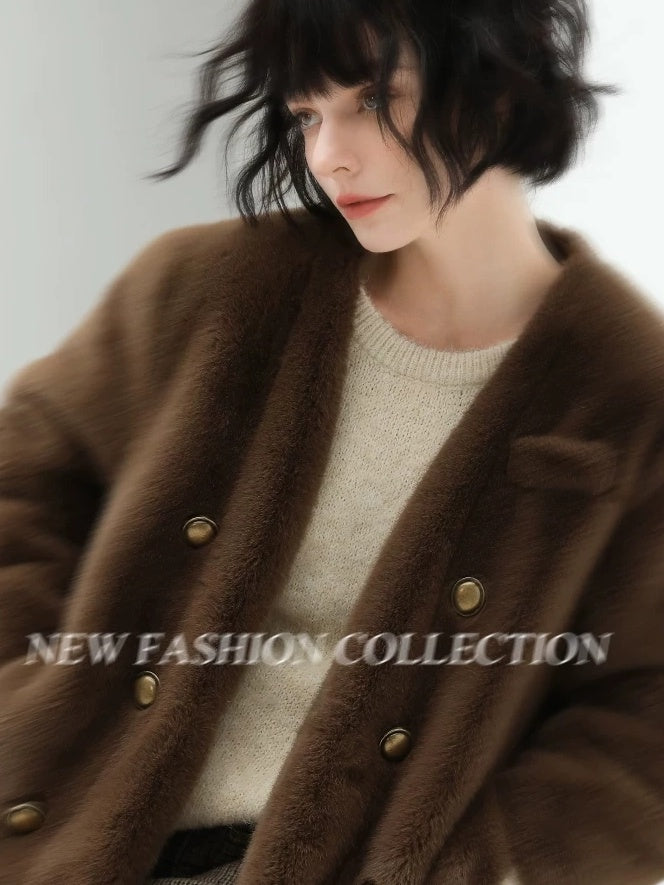 COCOBELLA Thick Plush V Neck Office Standard Fit Women Faux Fur Coats Jackets