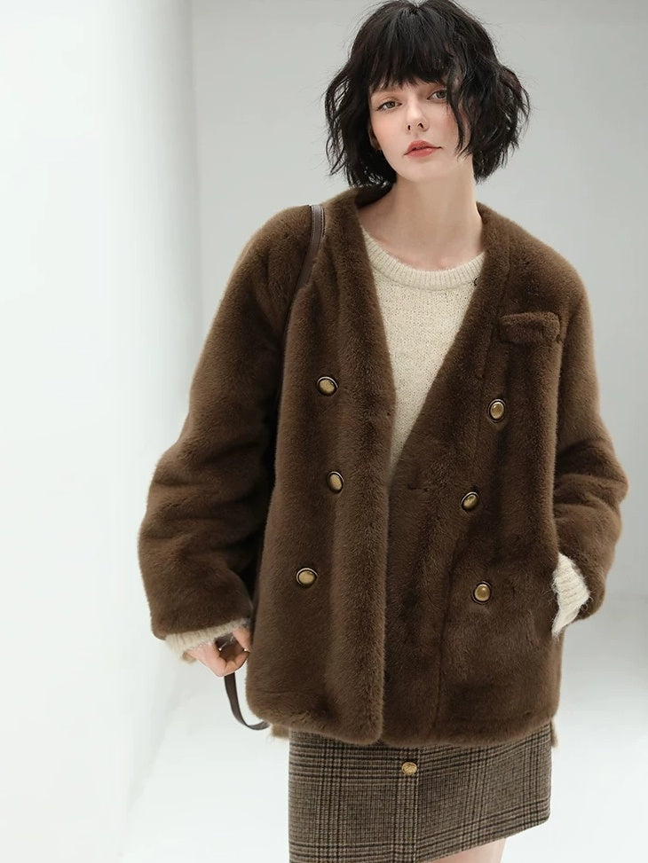 COCOBELLA Thick Plush V Neck Office Standard Fit Women Faux Fur Coats Jackets
