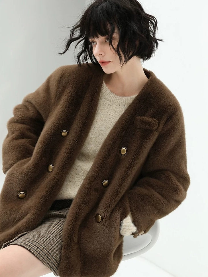 COCOBELLA Thick Plush V Neck Office Standard Fit Women Faux Fur Coats Jackets