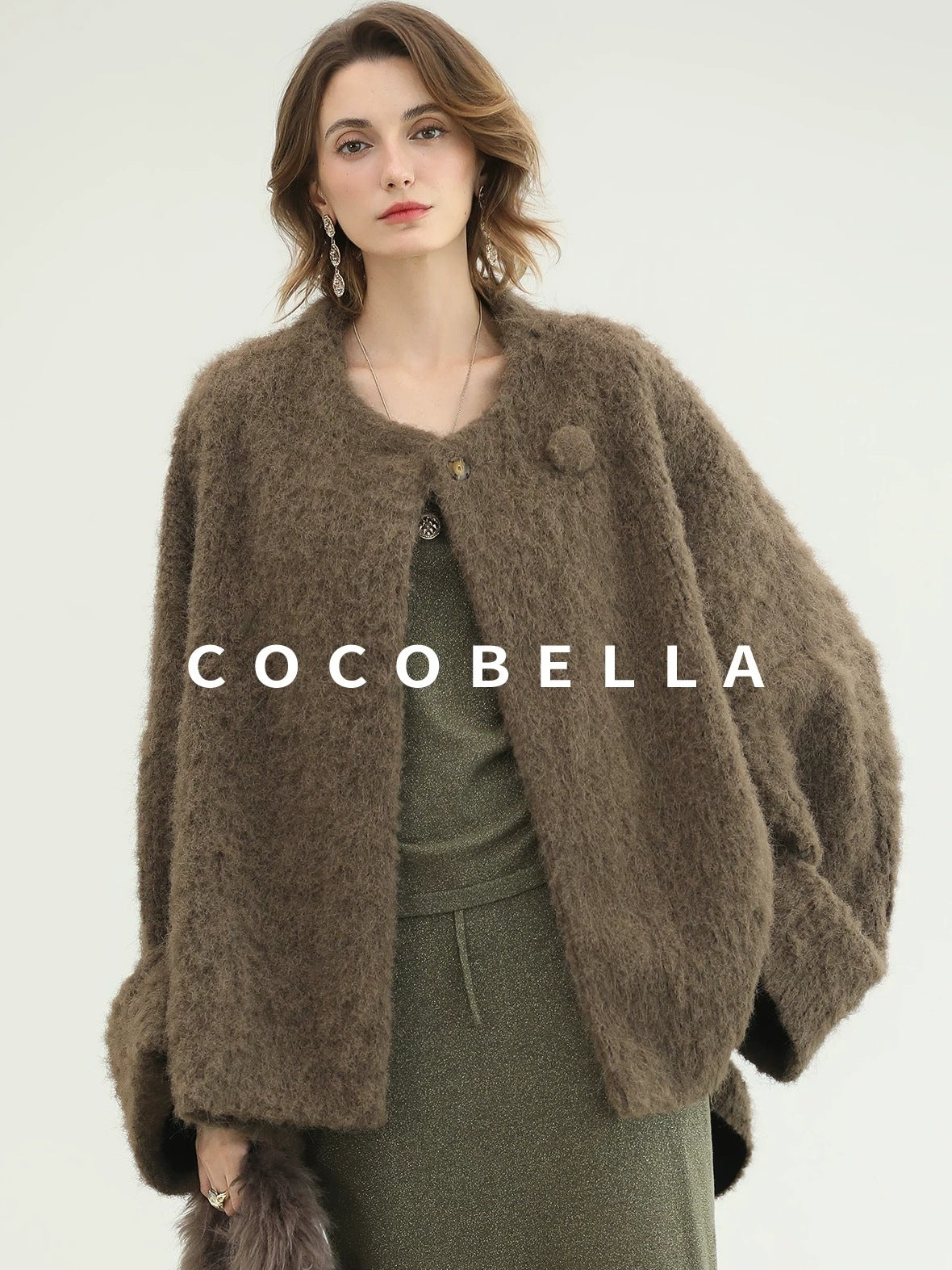 COCOBELLA Thick Polyester Loose Fit Drop Shoulder Hidden Buttons Pockets Olive Jackets