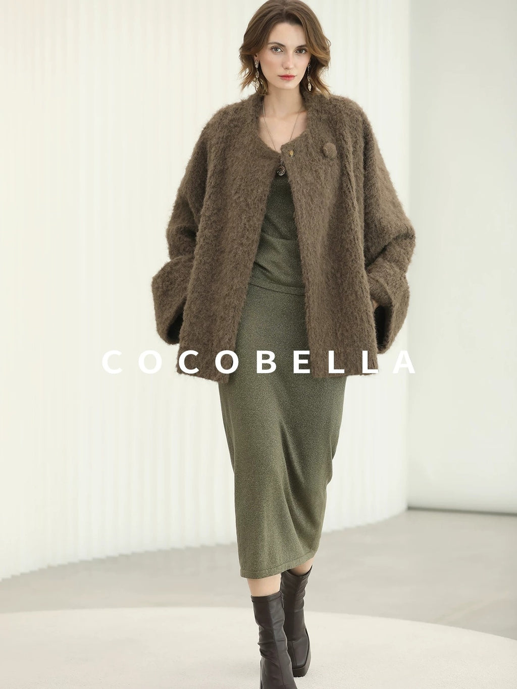 COCOBELLA Thick Polyester Loose Fit Drop Shoulder Hidden Buttons Pockets Olive Jackets