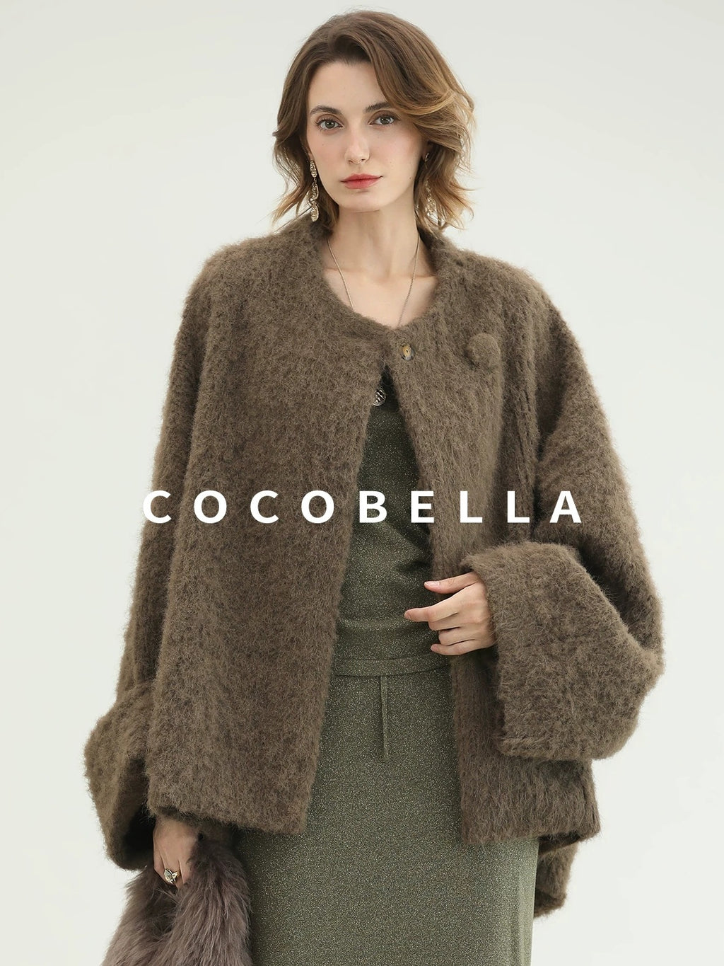 COCOBELLA Thick Polyester Loose Fit Drop Shoulder Hidden Buttons Pockets Olive Jackets