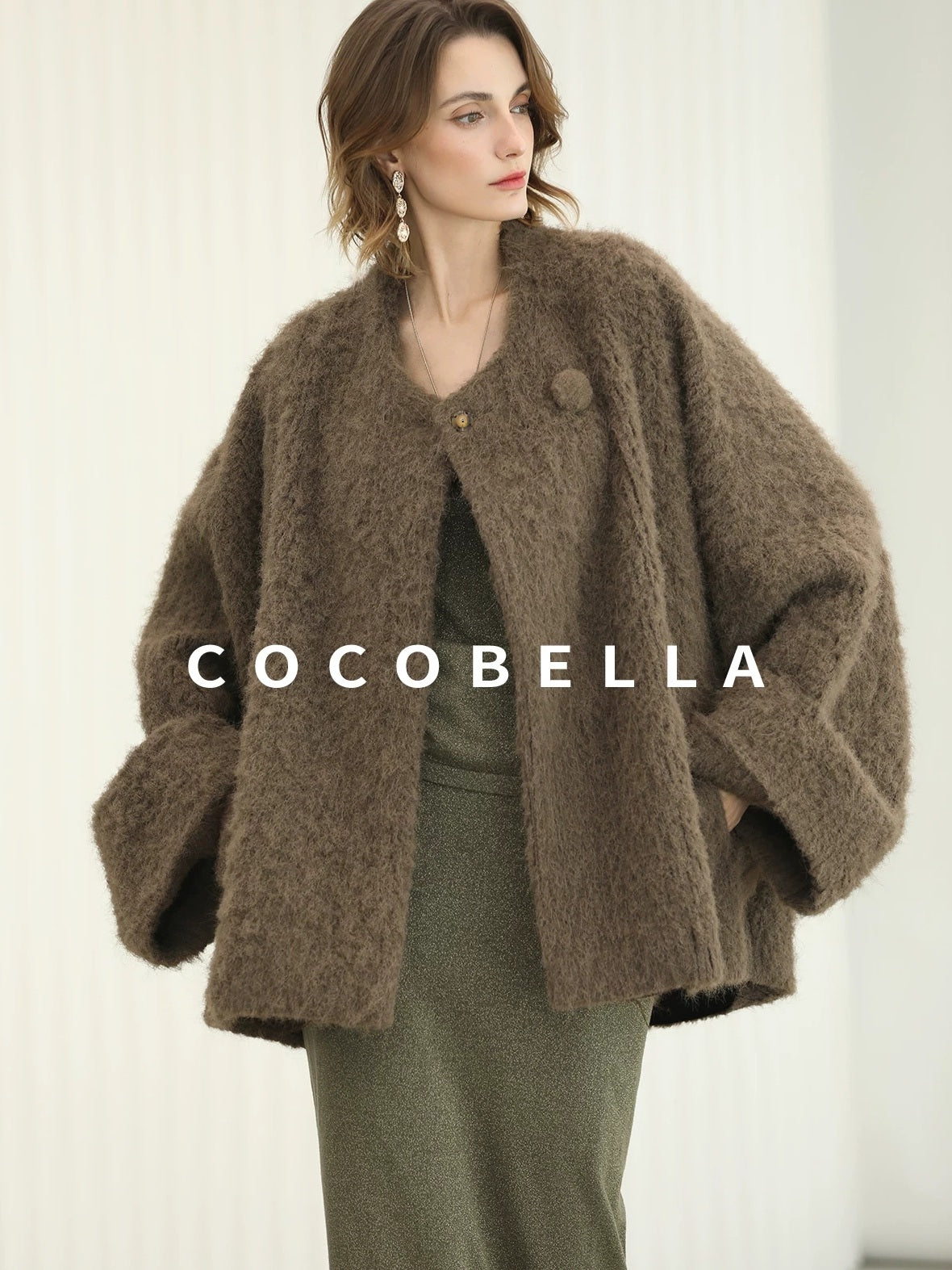 COCOBELLA Thick Polyester Loose Fit Drop Shoulder Hidden Buttons Pockets Olive Jackets