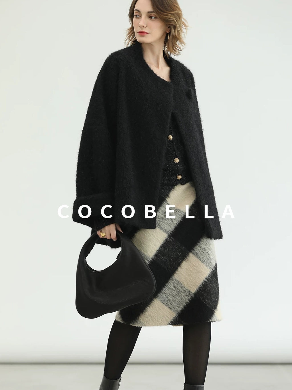 COCOBELLA Thick Polyester Minimalist Loose Fit Round Neck Button Pocket Black Jackets