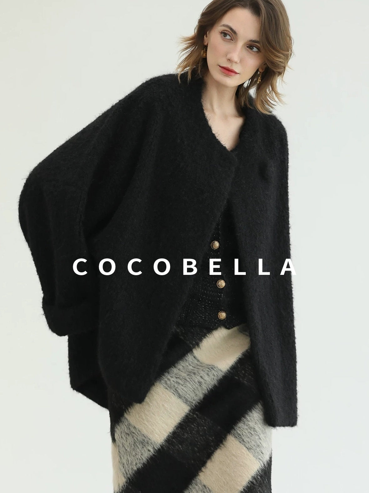 COCOBELLA Thick Polyester Minimalist Loose Fit Round Neck Button Pocket Black Jackets