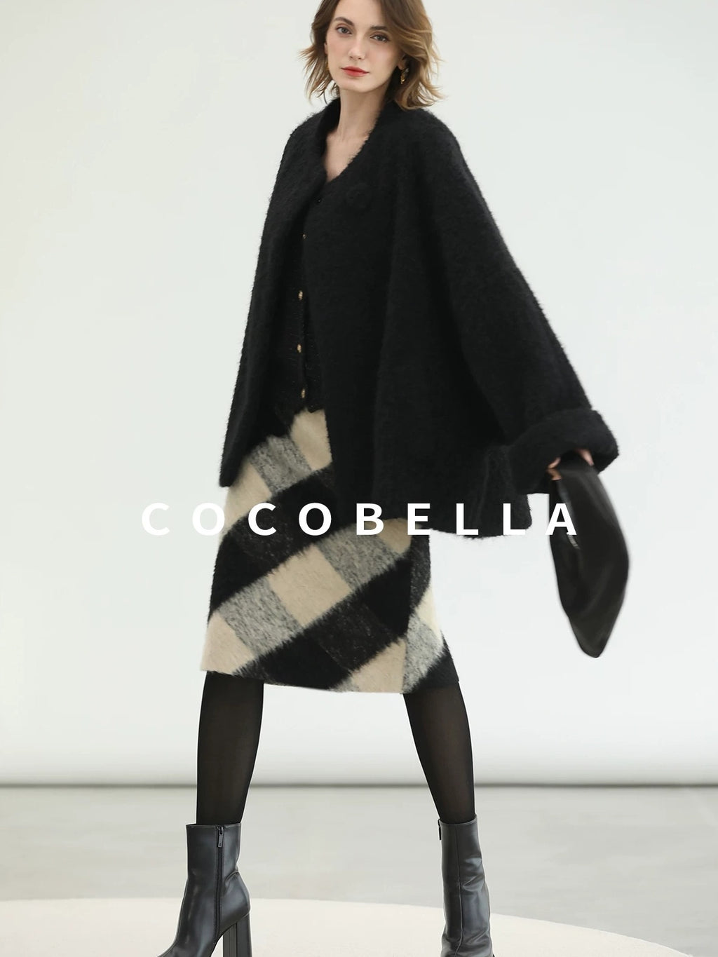 COCOBELLA Thick Polyester Minimalist Loose Fit Round Neck Button Pocket Black Jackets