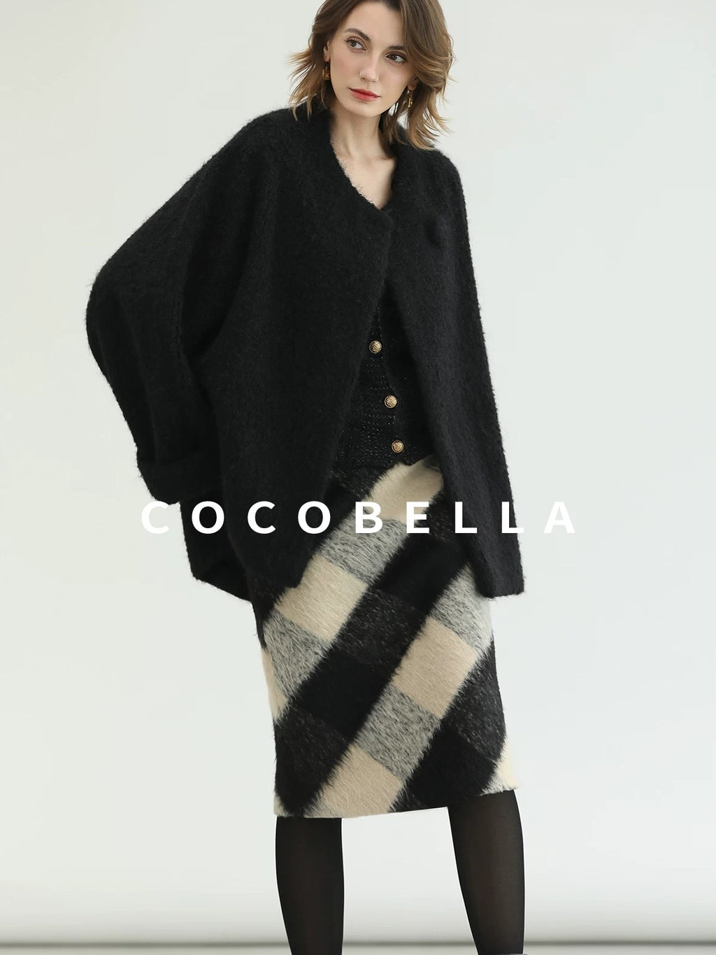 COCOBELLA Thick Polyester Minimalist Loose Fit Round Neck Button Pocket Black Jackets