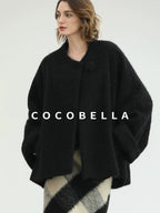 COCOBELLA Thick Polyester Minimalist Loose Fit Round Neck Button Pocket Black Jackets