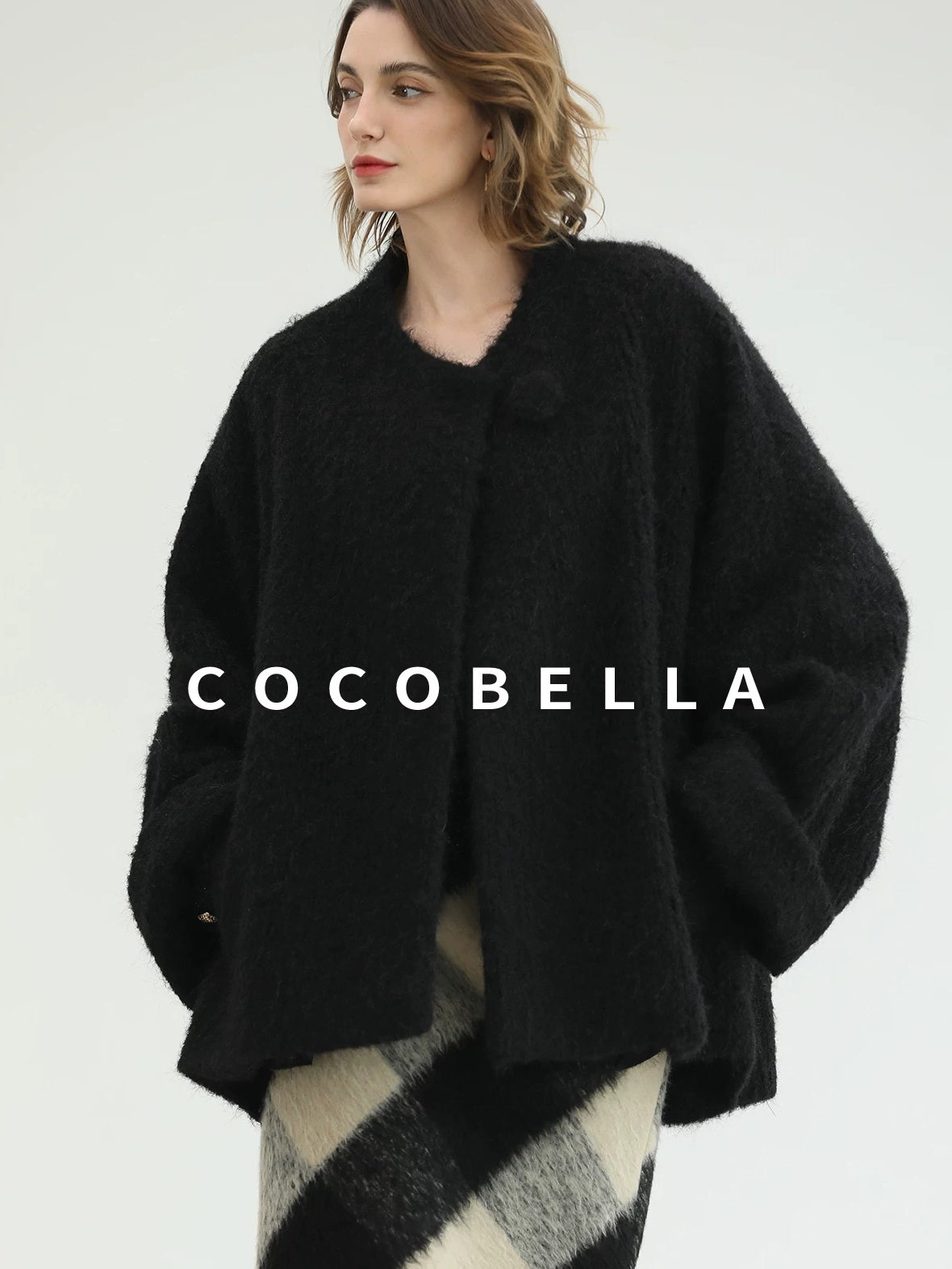 COCOBELLA Thick Polyester Minimalist Loose Fit Round Neck Button Pocket Black Jackets