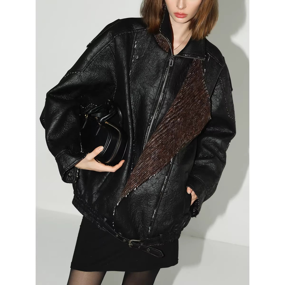 COCOBELLA_Thick_Pu_Patchwork_Oversized_Street_Lapel_Zipper_Mid_Length_Leather_Jackets_MISSTT