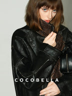 COCOBELLA Thick Pu Patchwork Oversized Street Lapel Zipper Mid Length Leather Jackets