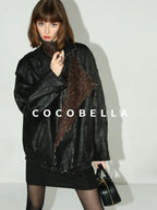 COCOBELLA Thick Pu Patchwork Oversized Street Lapel Zipper Mid Length Leather Jackets