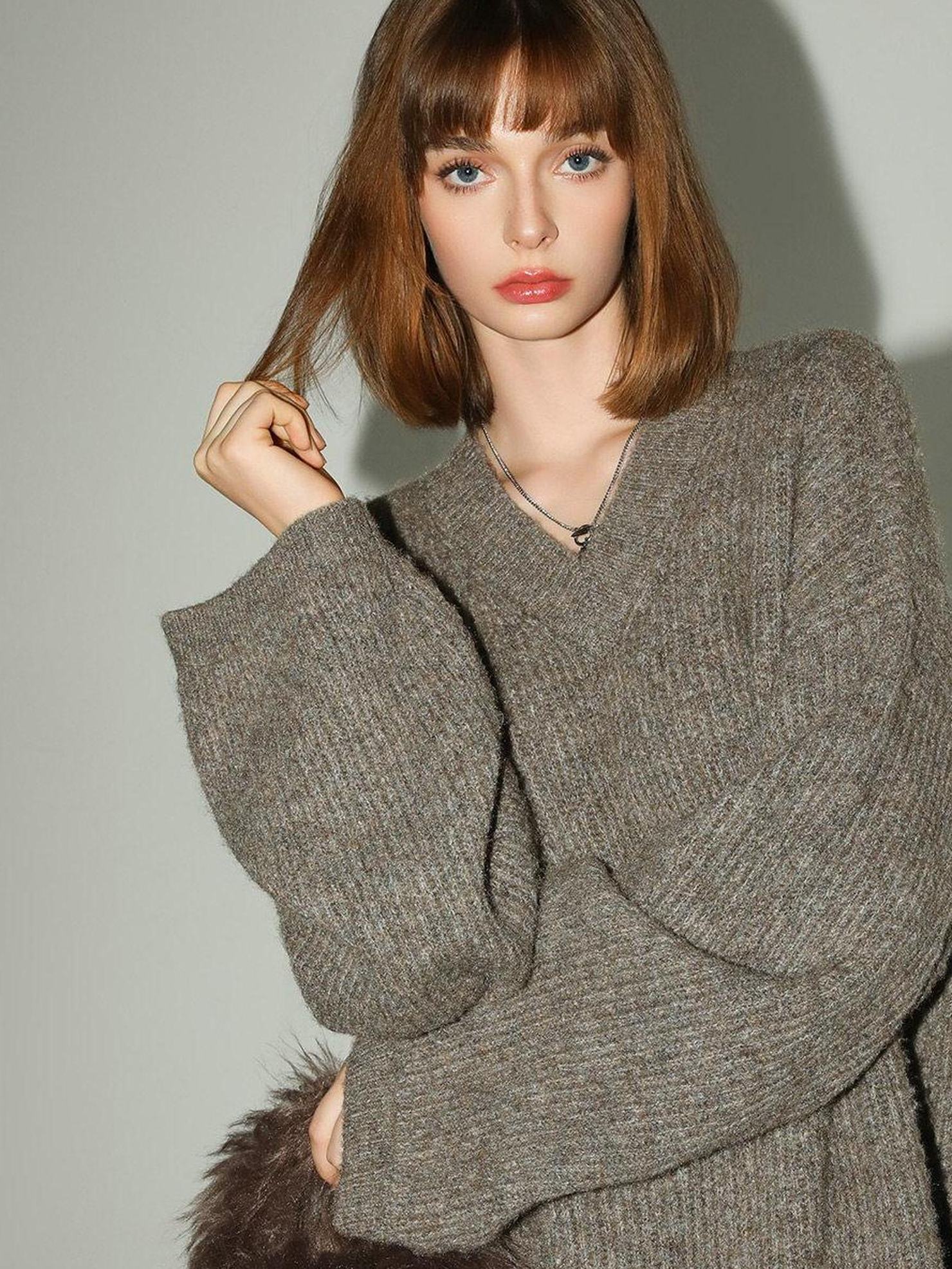 COCOBELLA Thick Ribbed Slouchy V Neck Long Sleeve O Shape Loose Waist Knit Women Dresses