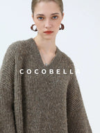 COCOBELLA Thick Ribbed Slouchy V Neck Long Sleeve O Shape Loose Waist Knit Women Dresses