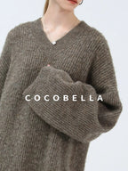 COCOBELLA Thick Ribbed Slouchy V Neck Long Sleeve O Shape Loose Waist Knit Women Dresses