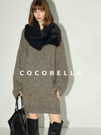 COCOBELLA Thick Ribbed Slouchy V Neck Long Sleeve O Shape Loose Waist Knit Women Dresses