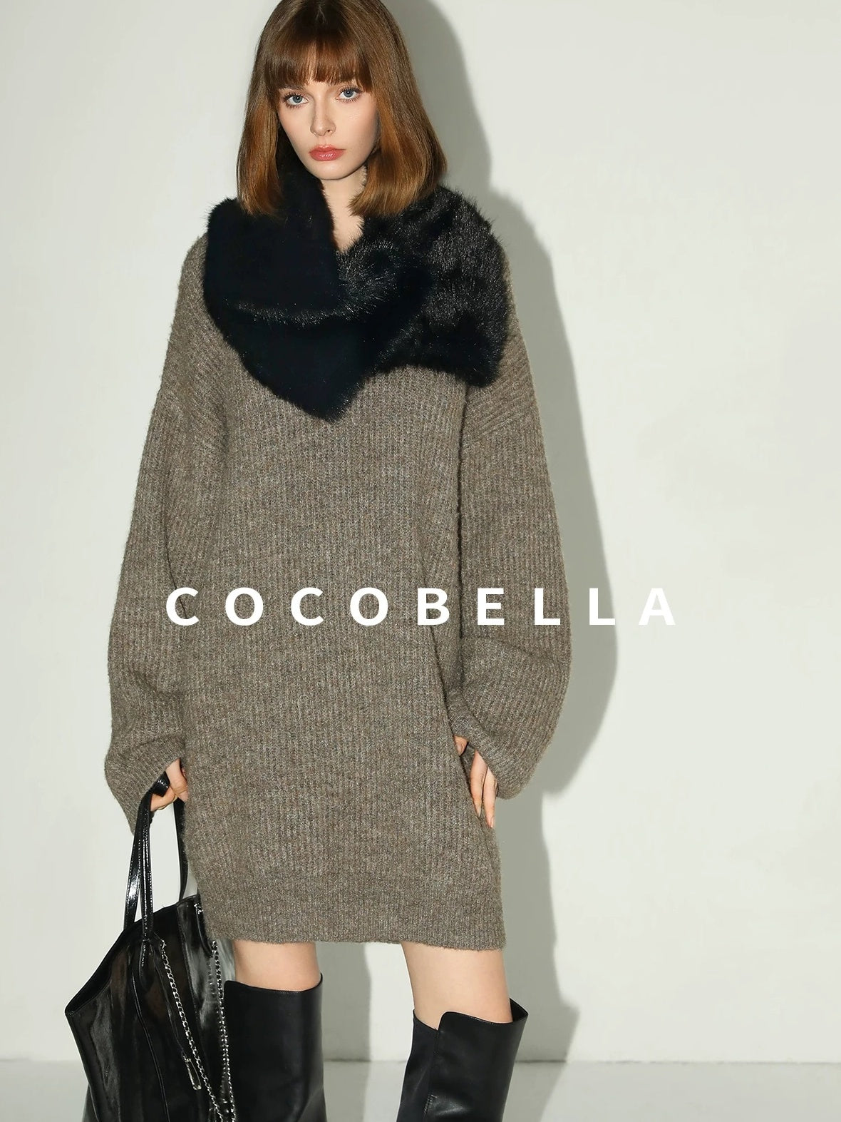 COCOBELLA Thick Ribbed Slouchy V Neck Long Sleeve O Shape Loose Waist Knit Women Dresses
