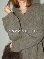 COCOBELLA Thick Ribbed Slouchy V Neck Long Sleeve O Shape Loose Waist Knit Women Dresses