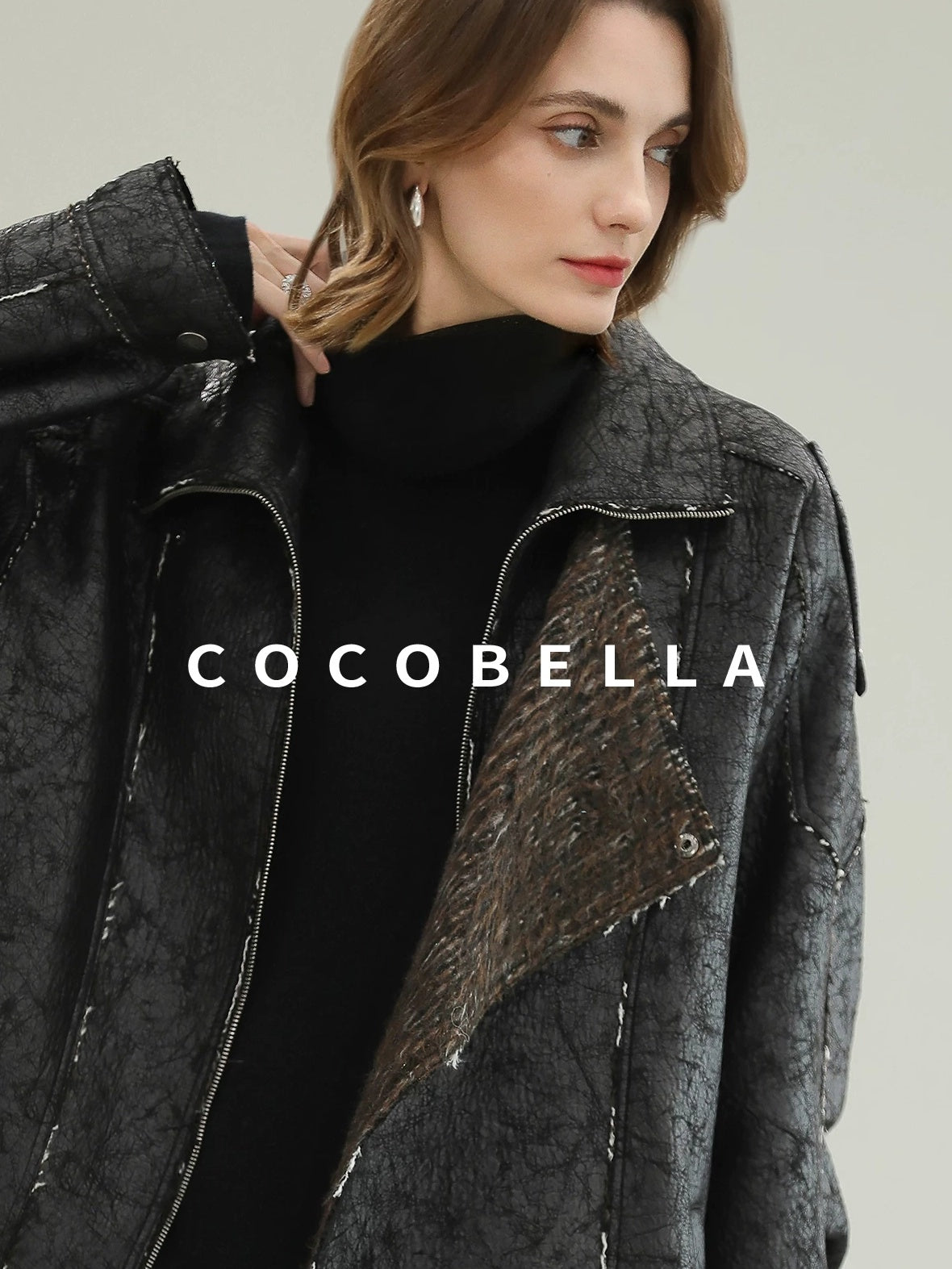COCOBELLA Thick Warm Pu Leather Patchwork Loose Mid Length Street Zip Lapel Black Jackets