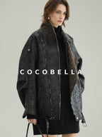 COCOBELLA Thick Warm Pu Leather Patchwork Loose Mid Length Street Zip Lapel Black Jackets
