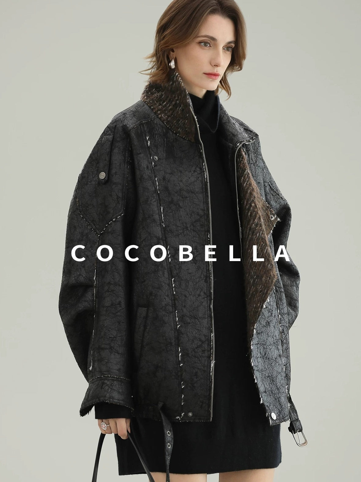 COCOBELLA Thick Warm Pu Leather Patchwork Loose Mid Length Street Zip Lapel Black Jackets
