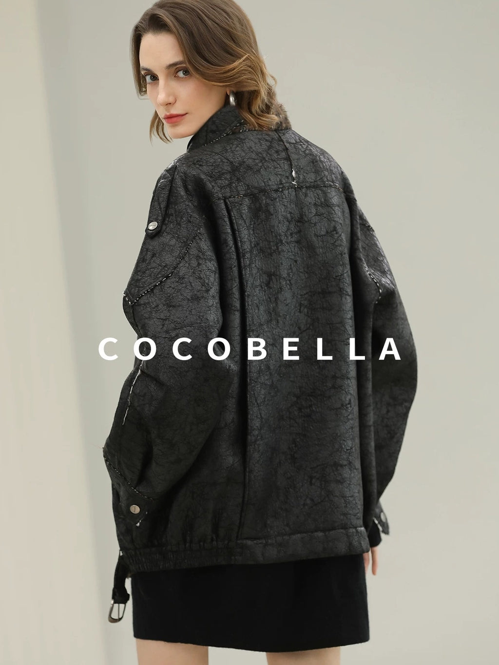 COCOBELLA Thick Warm Pu Leather Patchwork Loose Mid Length Street Zip Lapel Black Jackets