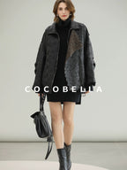 COCOBELLA Thick Warm Pu Leather Patchwork Loose Mid Length Street Zip Lapel Black Jackets