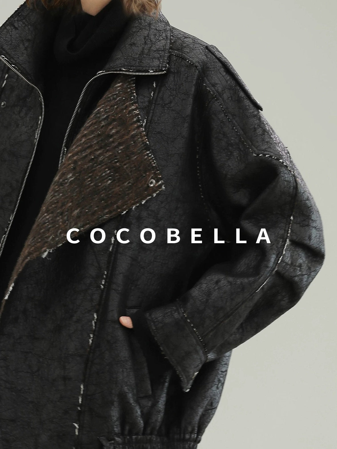 COCOBELLA Thick Warm Pu Leather Patchwork Loose Mid Length Street Zip Lapel Black Jackets