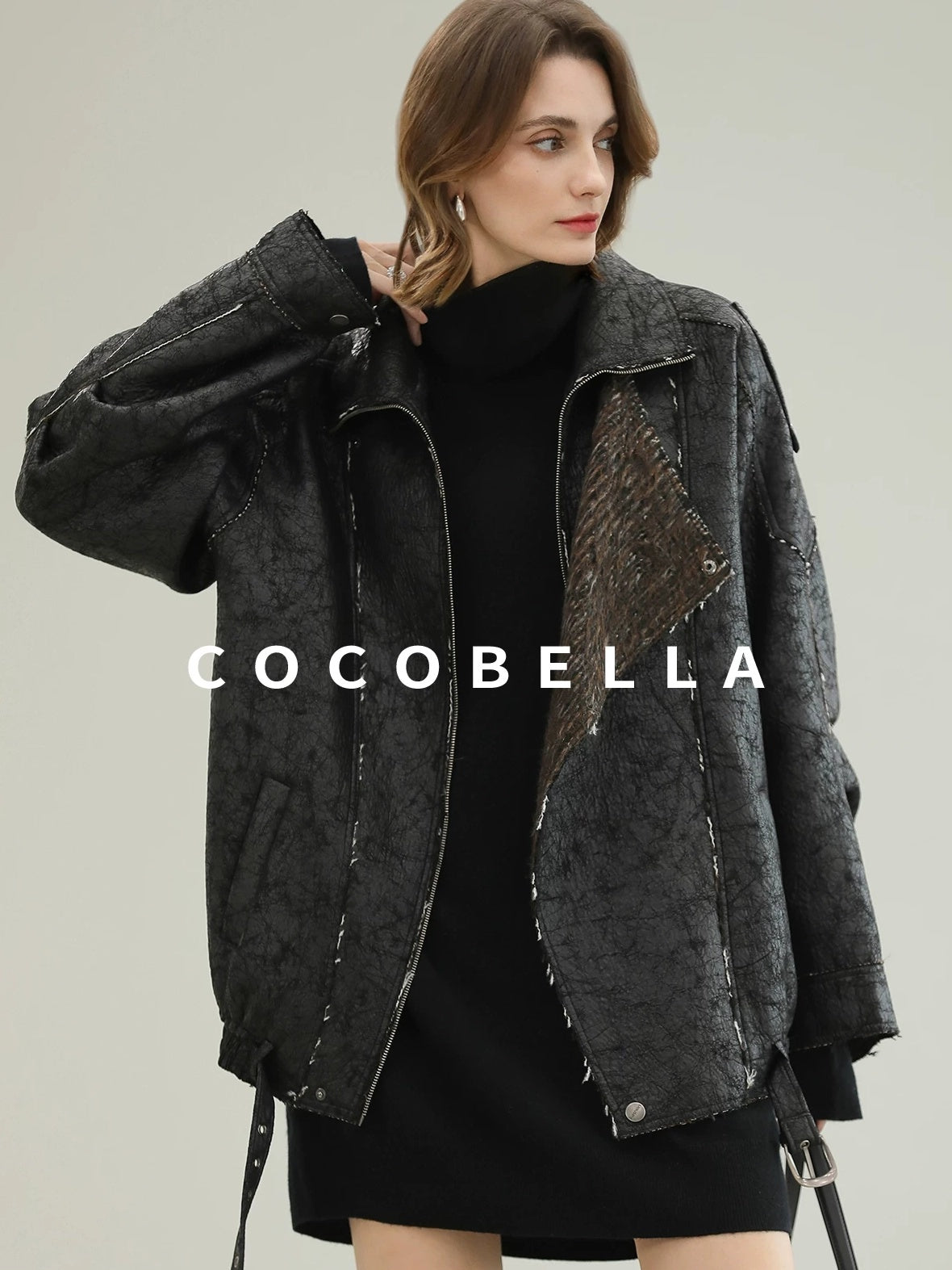 COCOBELLA Thick Warm Pu Leather Patchwork Loose Mid Length Street Zip Lapel Black Jackets