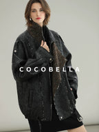 COCOBELLA Thick Warm Pu Leather Patchwork Loose Mid Length Street Zip Lapel Black Jackets