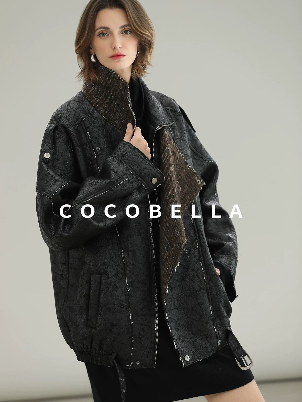 COCOBELLA Thick Warm Pu Leather Patchwork Loose Mid Length Street Zip Lapel Black Jackets