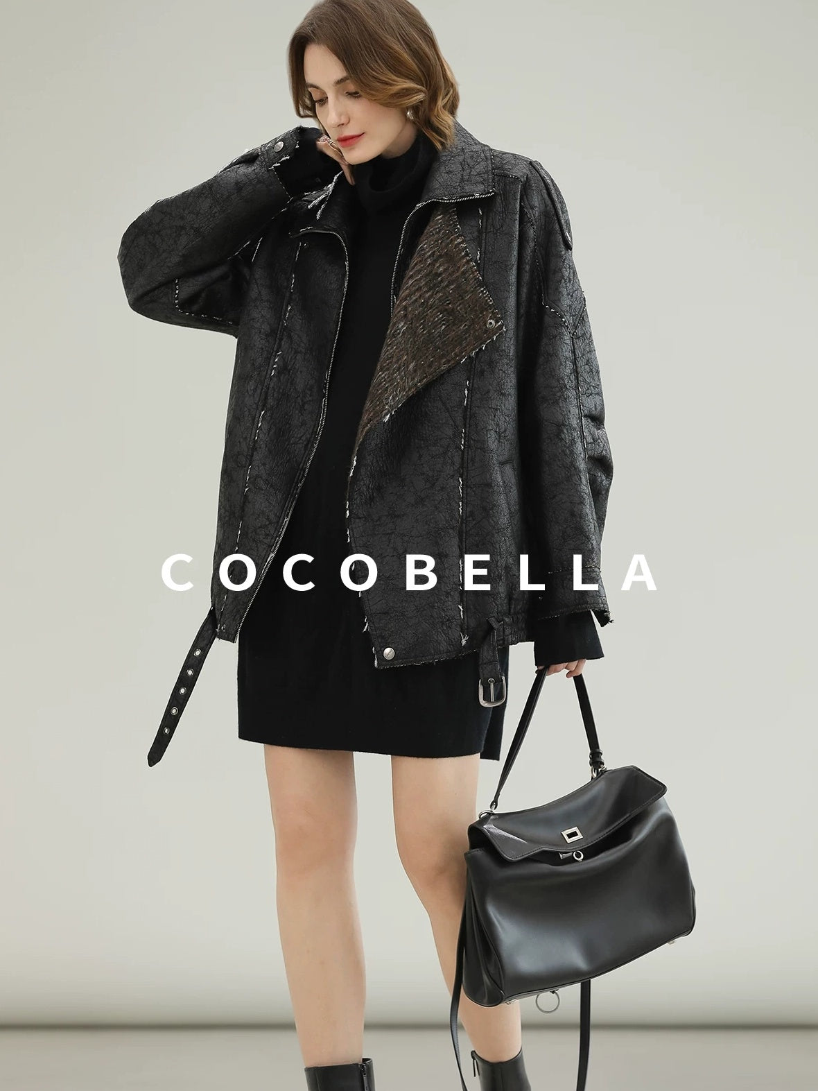 COCOBELLA Thick Warm Pu Leather Patchwork Loose Mid Length Street Zip Lapel Black Jackets