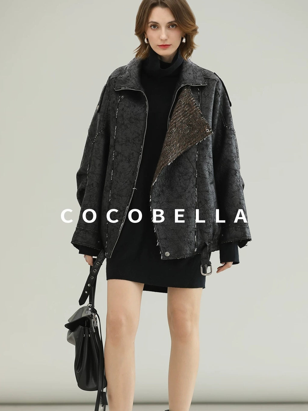 COCOBELLA Thick Warm Pu Leather Patchwork Loose Mid Length Street Zip Lapel Black Jackets
