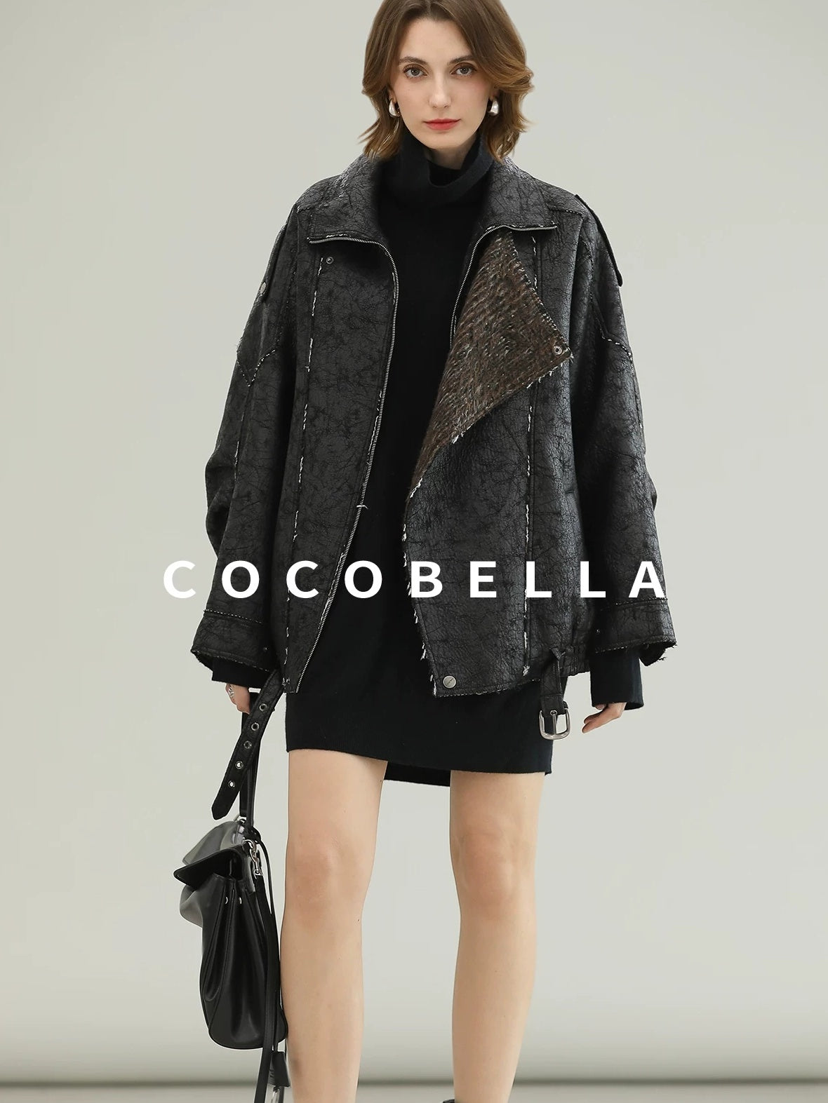 COCOBELLA Thick Warm Pu Leather Patchwork Loose Mid Length Street Zip Lapel Black Jackets