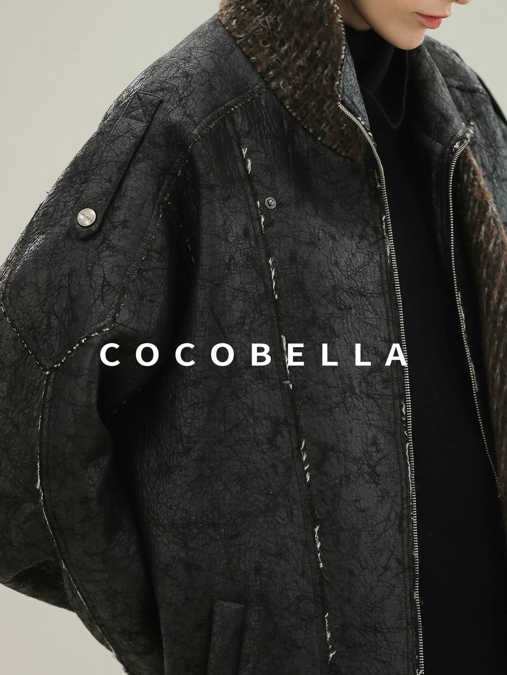 COCOBELLA Thick Warm Pu Leather Patchwork Loose Mid Length Street Zip Lapel Black Jackets