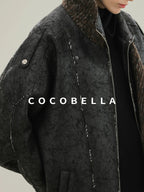COCOBELLA Thick Warm Pu Leather Patchwork Loose Mid Length Street Zip Lapel Black Jackets