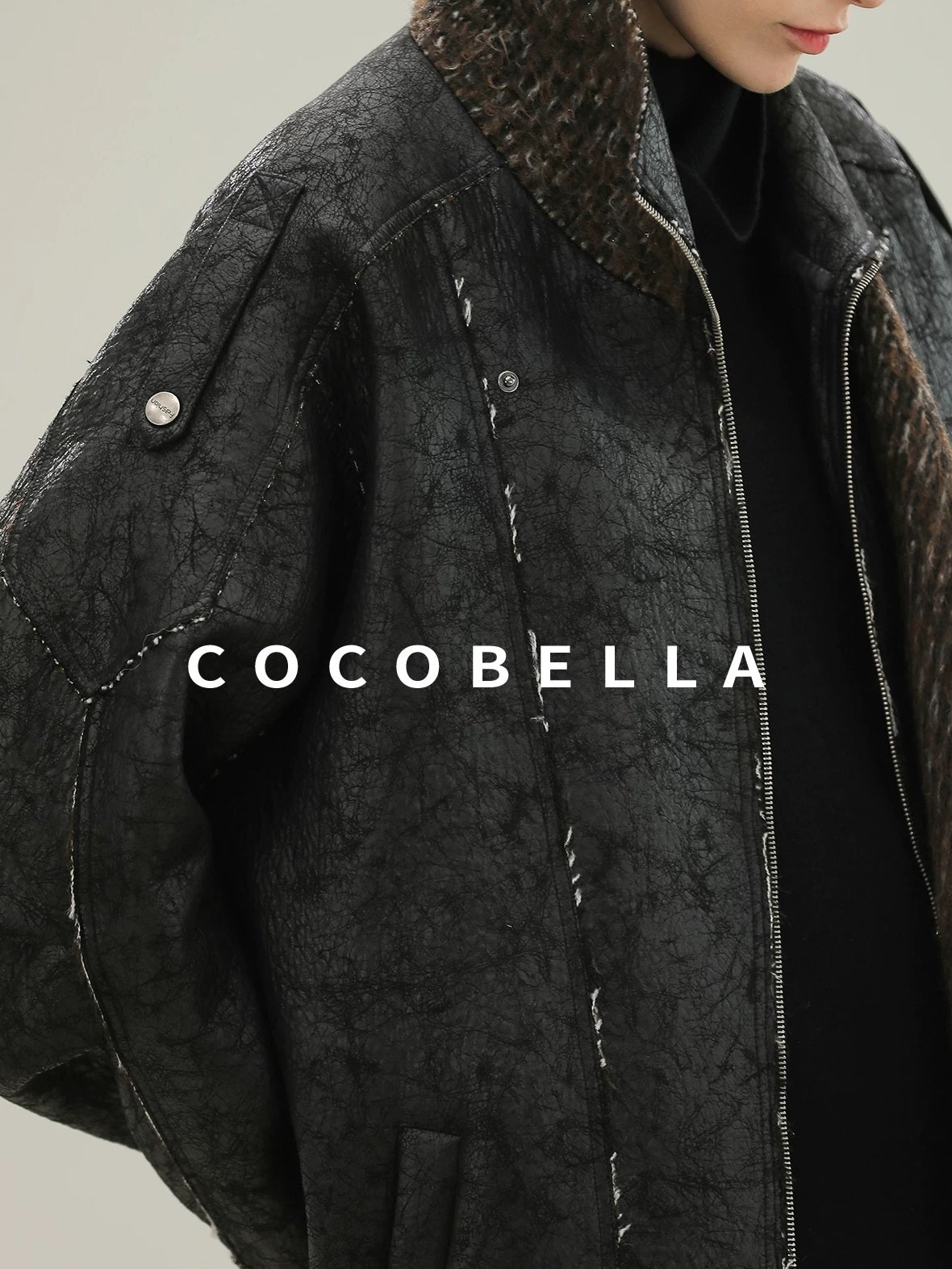 COCOBELLA Thick Warm Pu Leather Patchwork Loose Mid Length Street Zip Lapel Black Jackets