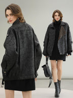 COCOBELLA Thick Warm Pu Leather Patchwork Loose Mid Length Street Zip Lapel Black Jackets