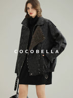 COCOBELLA Thick Warm Pu Leather Patchwork Loose Mid Length Street Zip Lapel Black Jackets