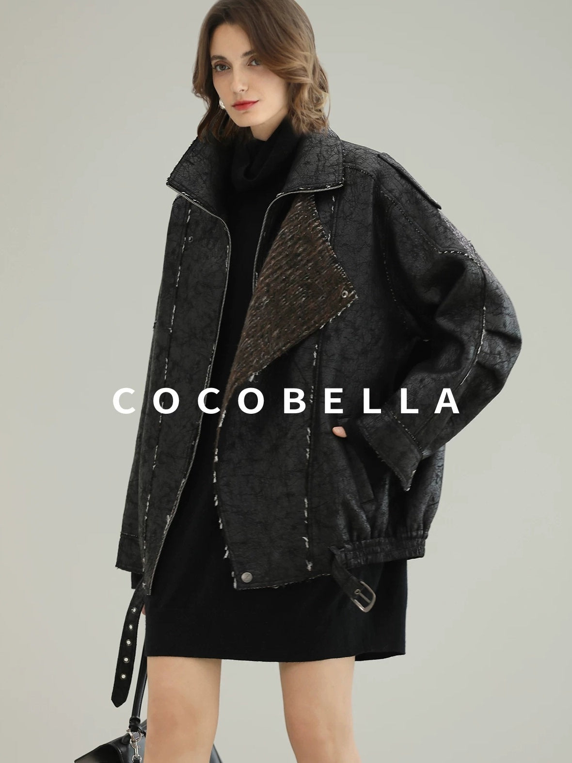 COCOBELLA Thick Warm Pu Leather Patchwork Loose Mid Length Street Zip Lapel Black Jackets