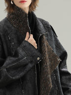 COCOBELLA Thick Warm Pu Leather Patchwork Loose Mid Length Street Zip Lapel Black Jackets