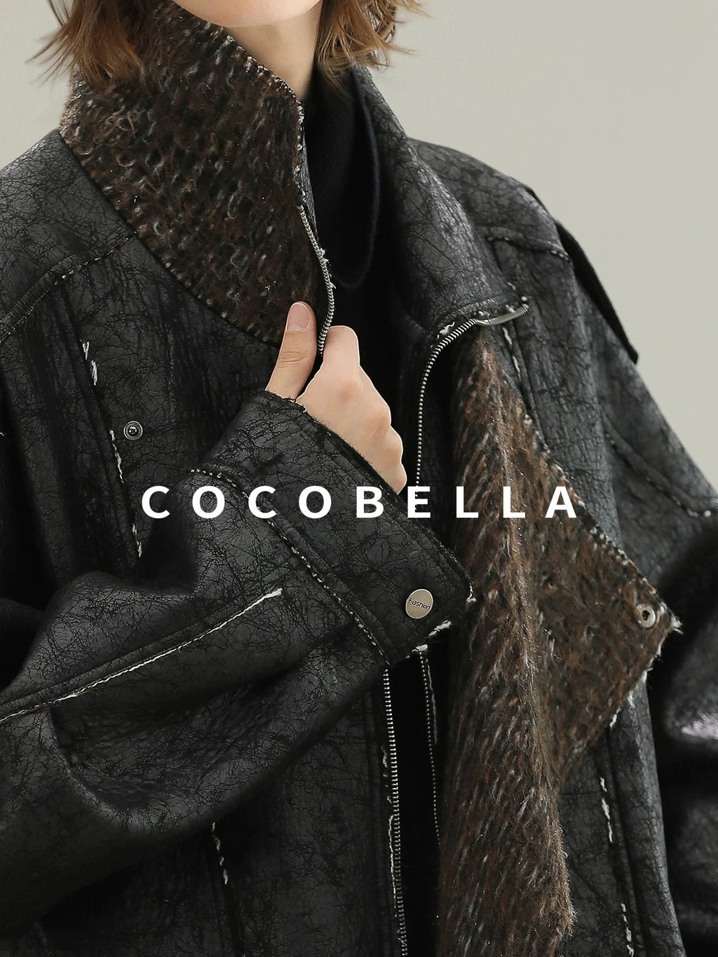 COCOBELLA Thick Warm Pu Leather Patchwork Loose Mid Length Street Zip Lapel Black Jackets